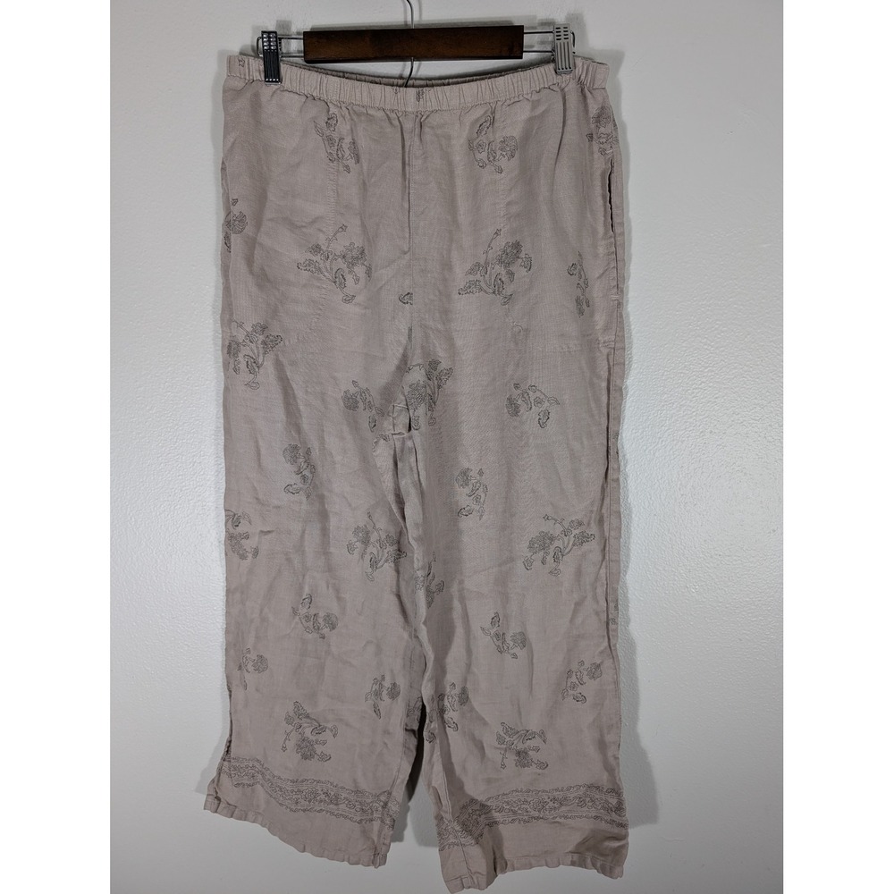 J. Jill Women's M Floral Print 100% Linen Crop Pants Beige Elastic Breathable